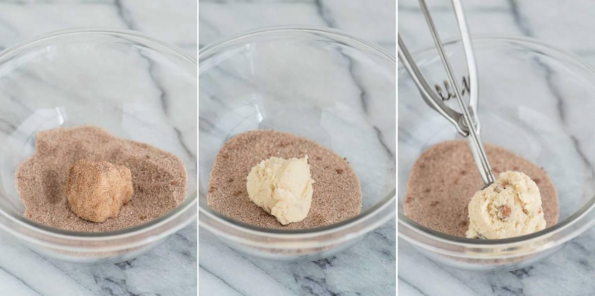 Rotolare l'impasto dei biscotti snickerdoodle nel topping di zucchero e cannella in una ciotola di vetro