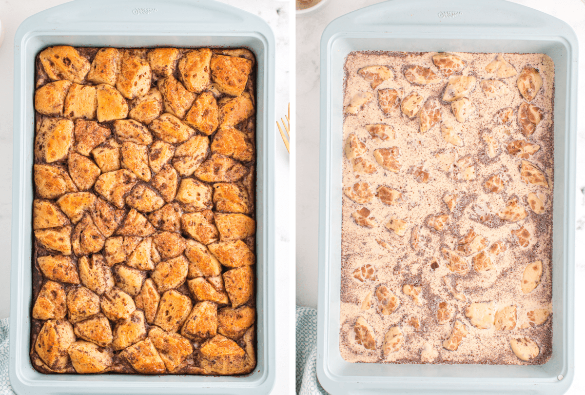 unbaked cinnamon roll casserole in light blue baking dish on white background
baked cinnamon roll casserole in light blue baking dish on white background