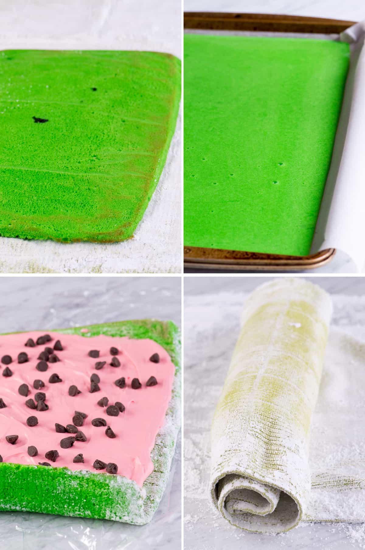 Rotolo all'Anguria 4 Un magnifico rotolo di torta anguria, con l'esterno verde decorato con cocco grattugiato e l'interno rosa con gocce di cioccolato, pronto per essere affettato.