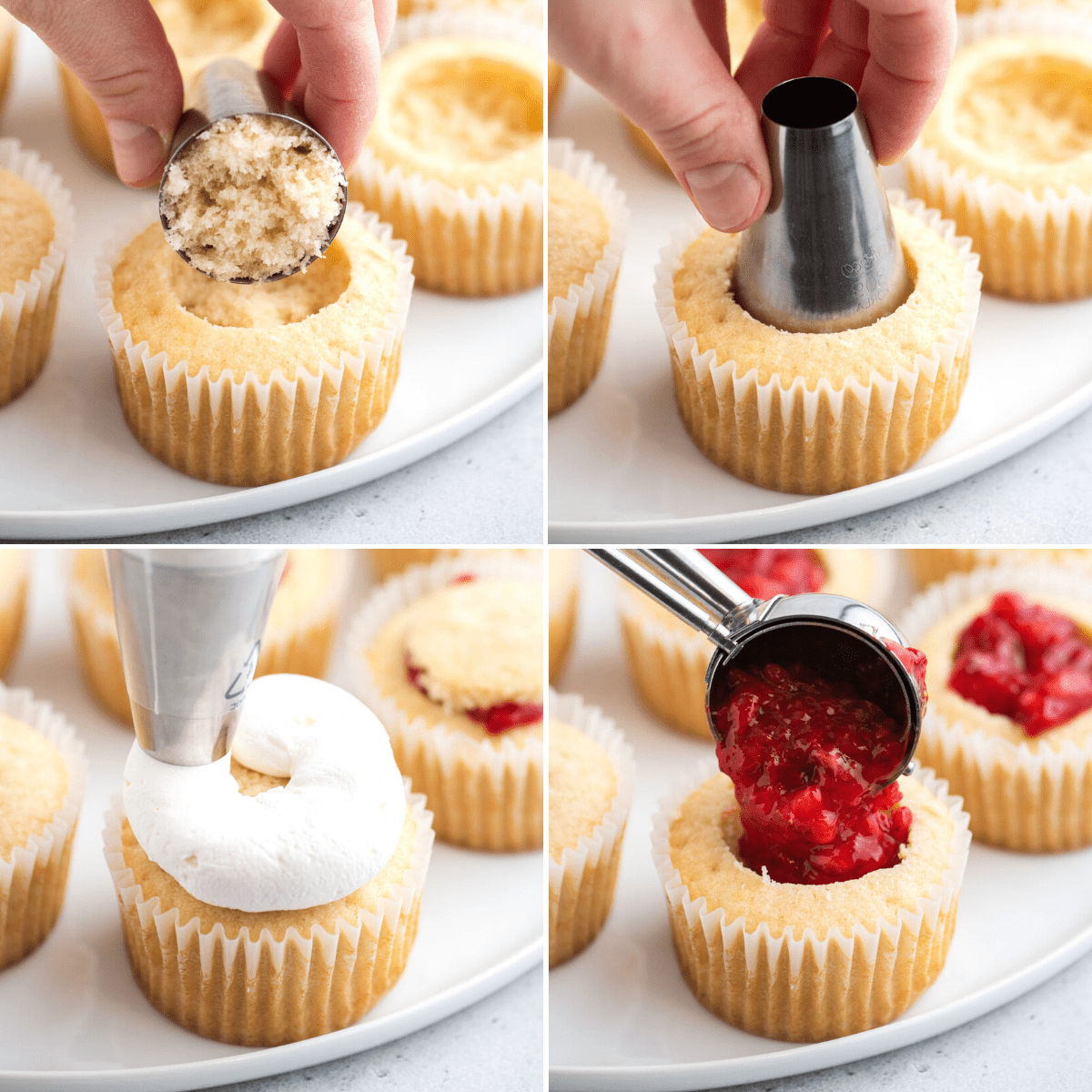 I Cupcake alle Fragole Shortcake sono fatti con torta alla vaniglia umida, ripieni di dolce salsa di fragole e ricoperti di soffice panna montata! Quattro foto che mostrano il processo di riempimento e decorazione dei cupcake alle fragole shortcake