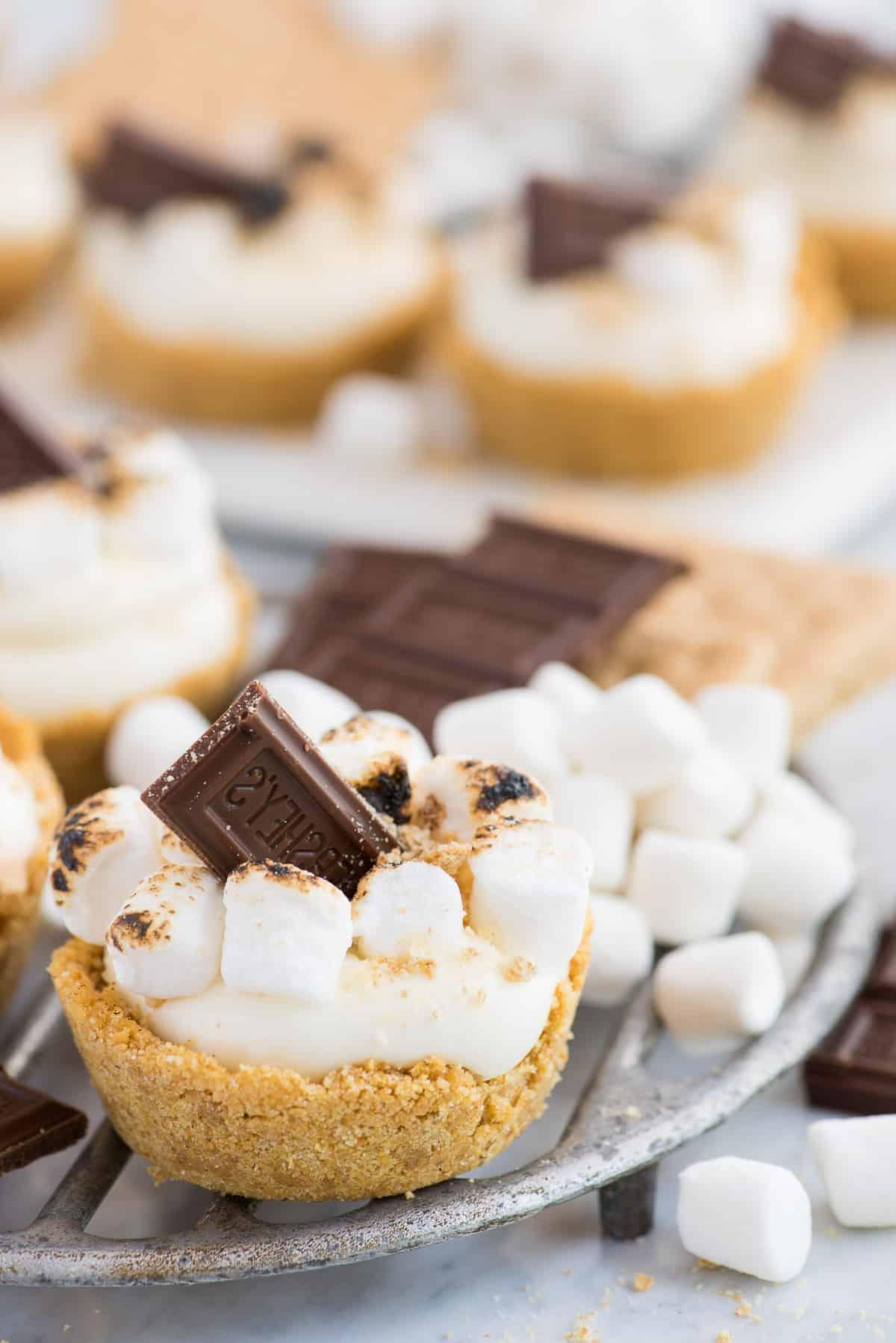 Delle Mini Cheesecake S'mores in uno stampo per muffin, prima della guarnizione finale