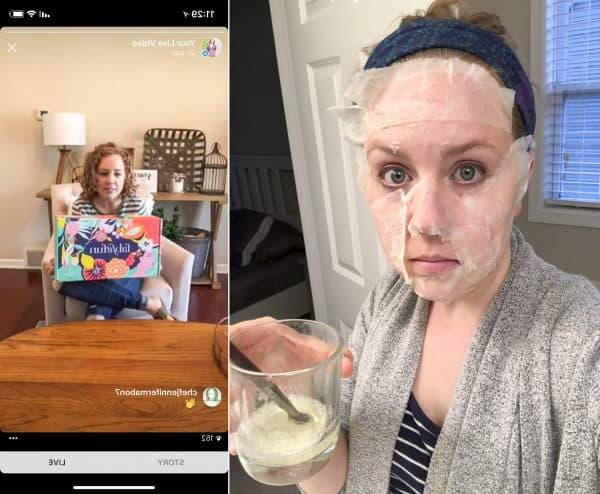 Due scatti: il primo mostra una maschera viso fai-da-te all'albume, il secondo ritrae una persona durante una diretta streaming su Facebook e Instagram.