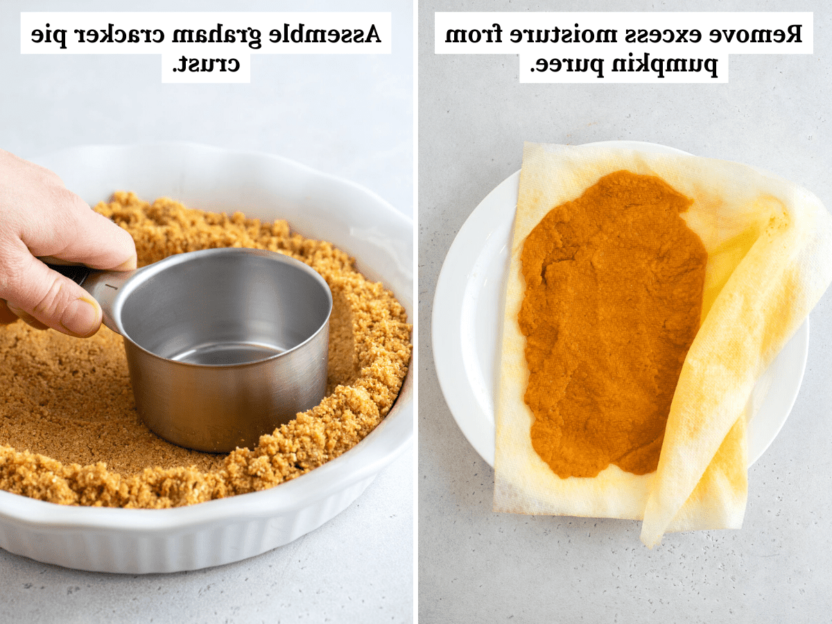 Vengono mostrati i passaggi per scolare la purea di zucca e preparare le croste di biscotti Graham per la torta di zucca senza cottura.