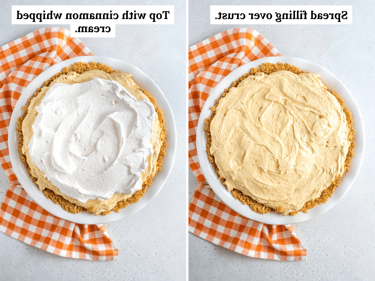 I passaggi mostrano la torta di zucca senza cottura spalmata nella crosta e guarnita con panna montata.