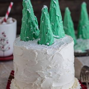Torta al pan di zenzero con alberelli innevati 7 Torta di pan di zenzero a strati con glassa alla vaniglia e decorazioni festive, presentata su un piatto