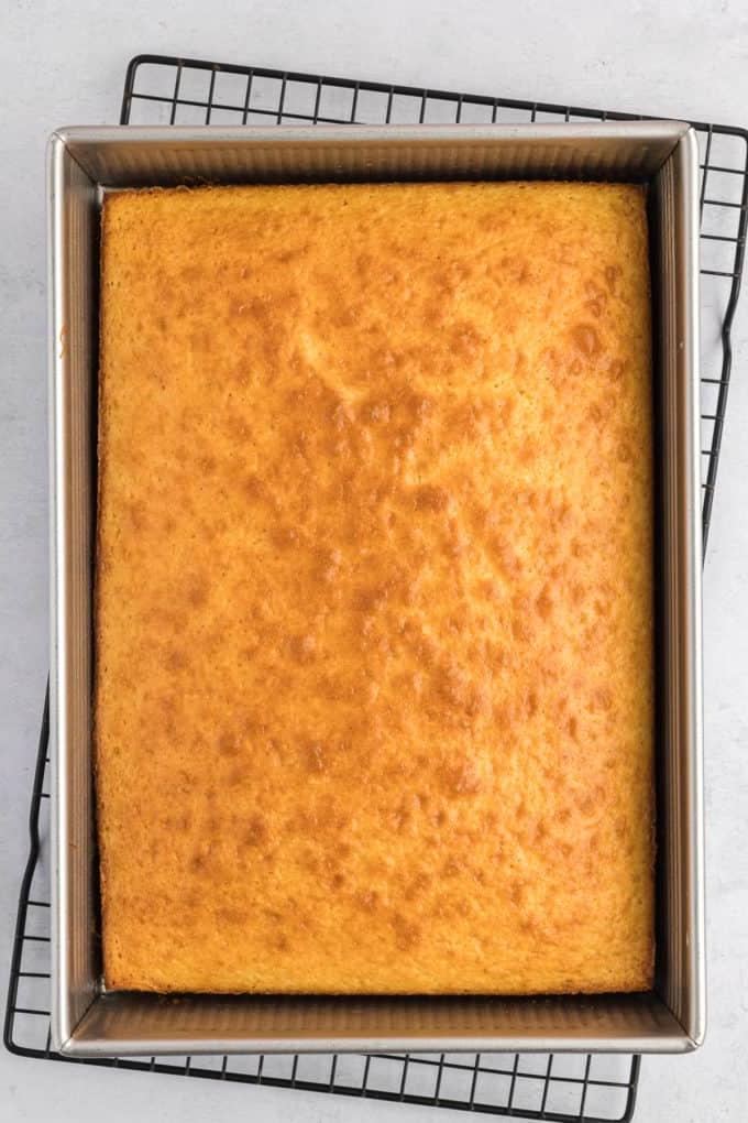 una torta appena sfornata in una teglia rettangolare appoggiata su una griglia