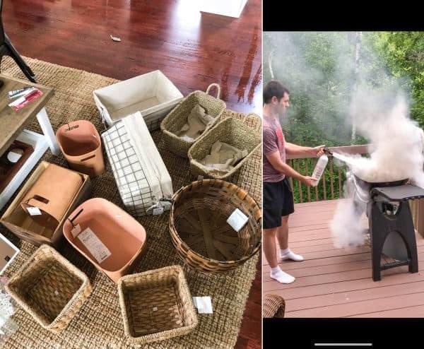 Due scene di vita domestica: il primo scatto mostra un barbecue con fiamme inaspettate, il secondo un grande assortimento di cesti di diverse forme e dimensioni in attesa di essere organizzati.