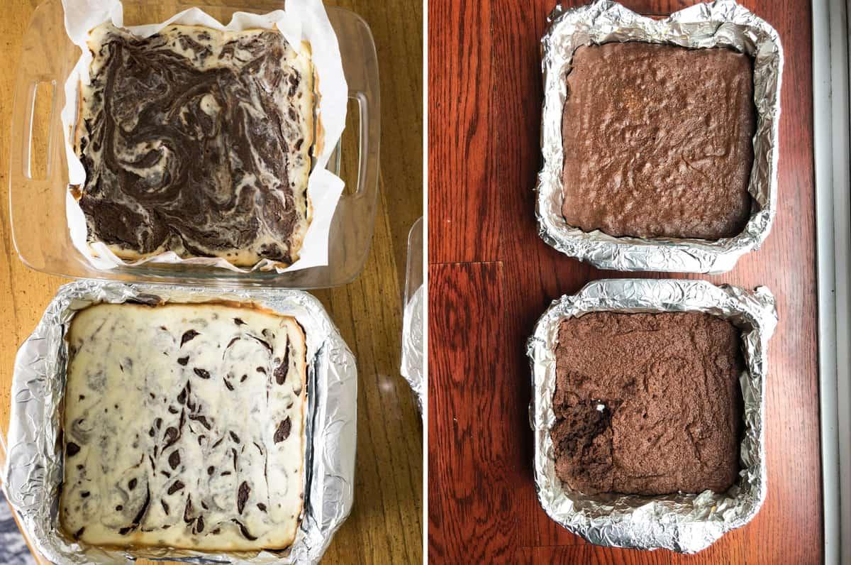Teglie di brownies appena sfornati e brownies con vortici di crema di formaggio