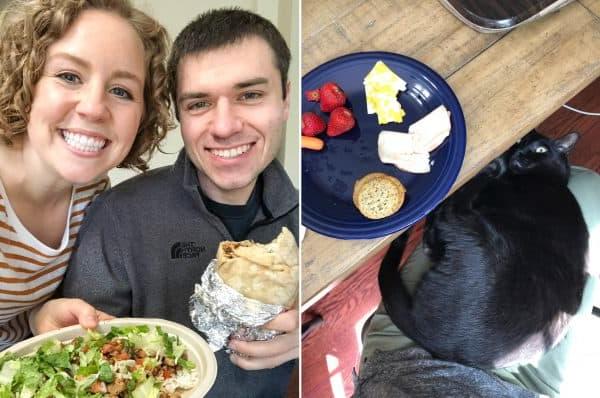 Due momenti quotidiani: il gatto Salsa accoccolato sul grembo di una persona durante il pranzo e un delizioso pasto Chipotle, servito in una ciotola, pronto per essere gustato.
