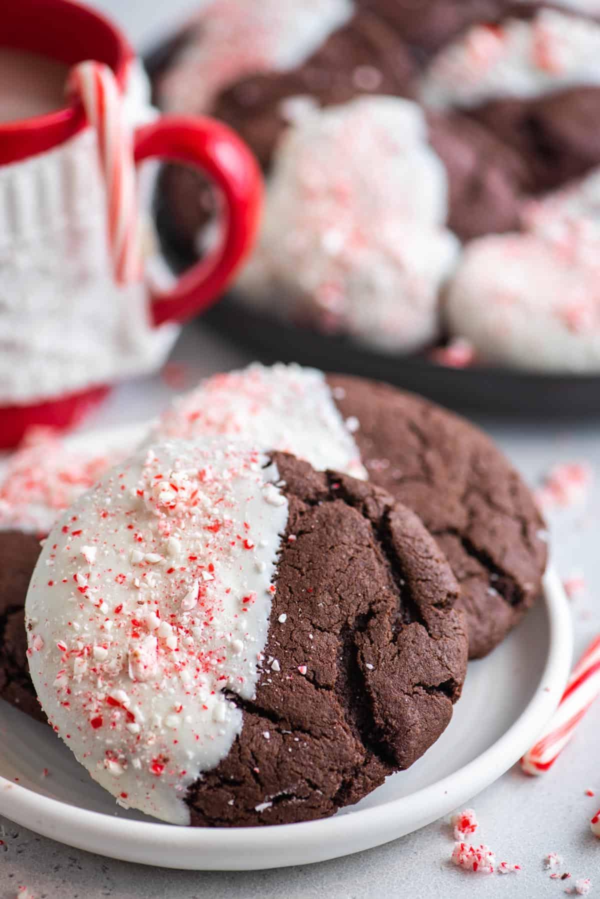 Biscotti al cioccolato e bastoncini di zucchero su un piatto bianco