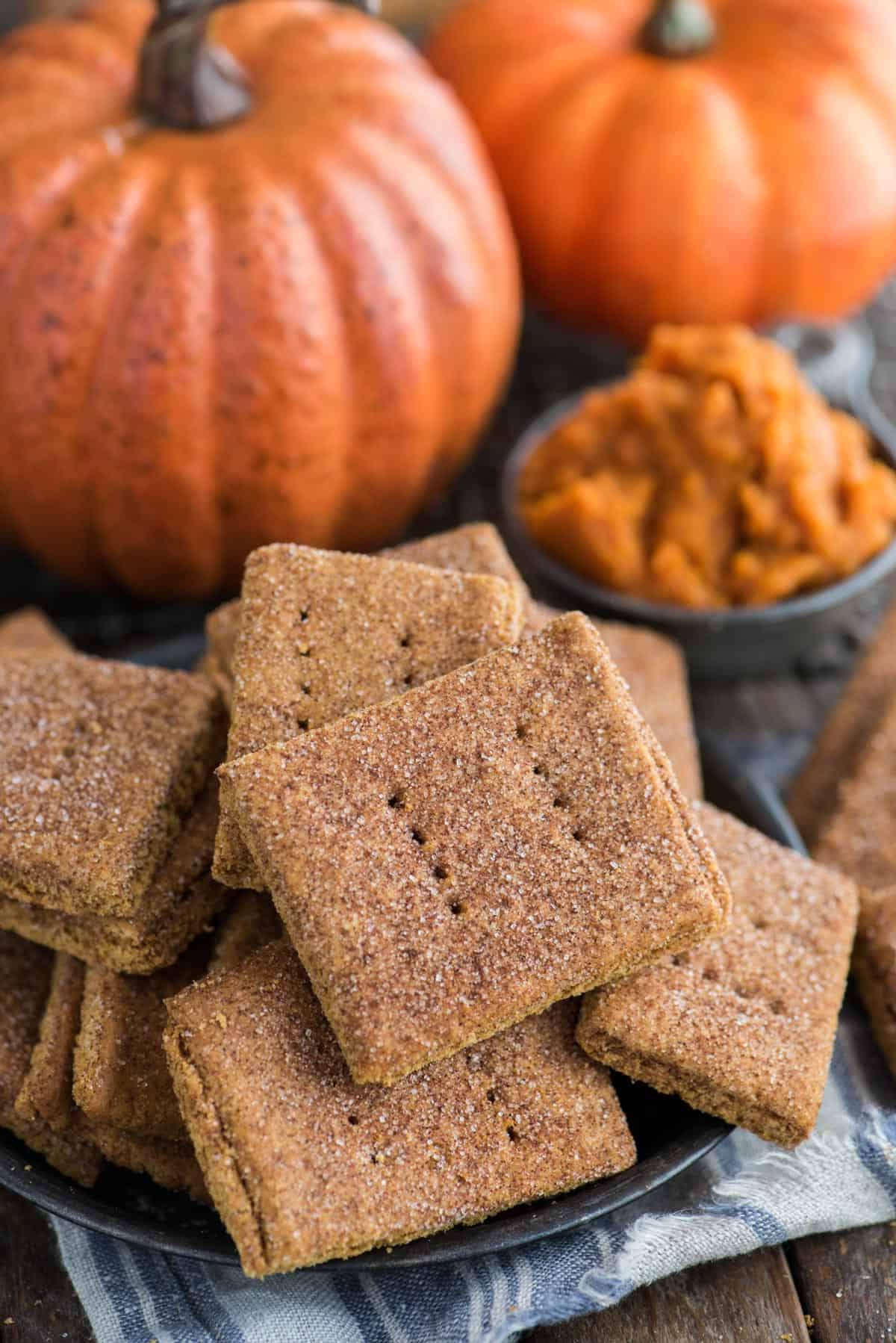 Biscotti Graham alla Zucca 2 Biscotti Graham alla zucca in un mucchio in una ciotola di metallo con zucche sullo sfondo
