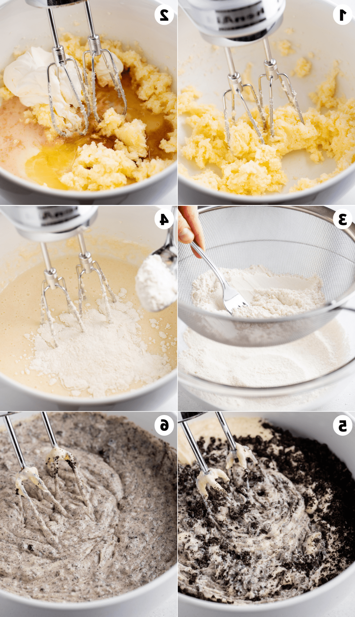 6 foto che mostrano il processo di preparazione dell'impasto della torta Oreo