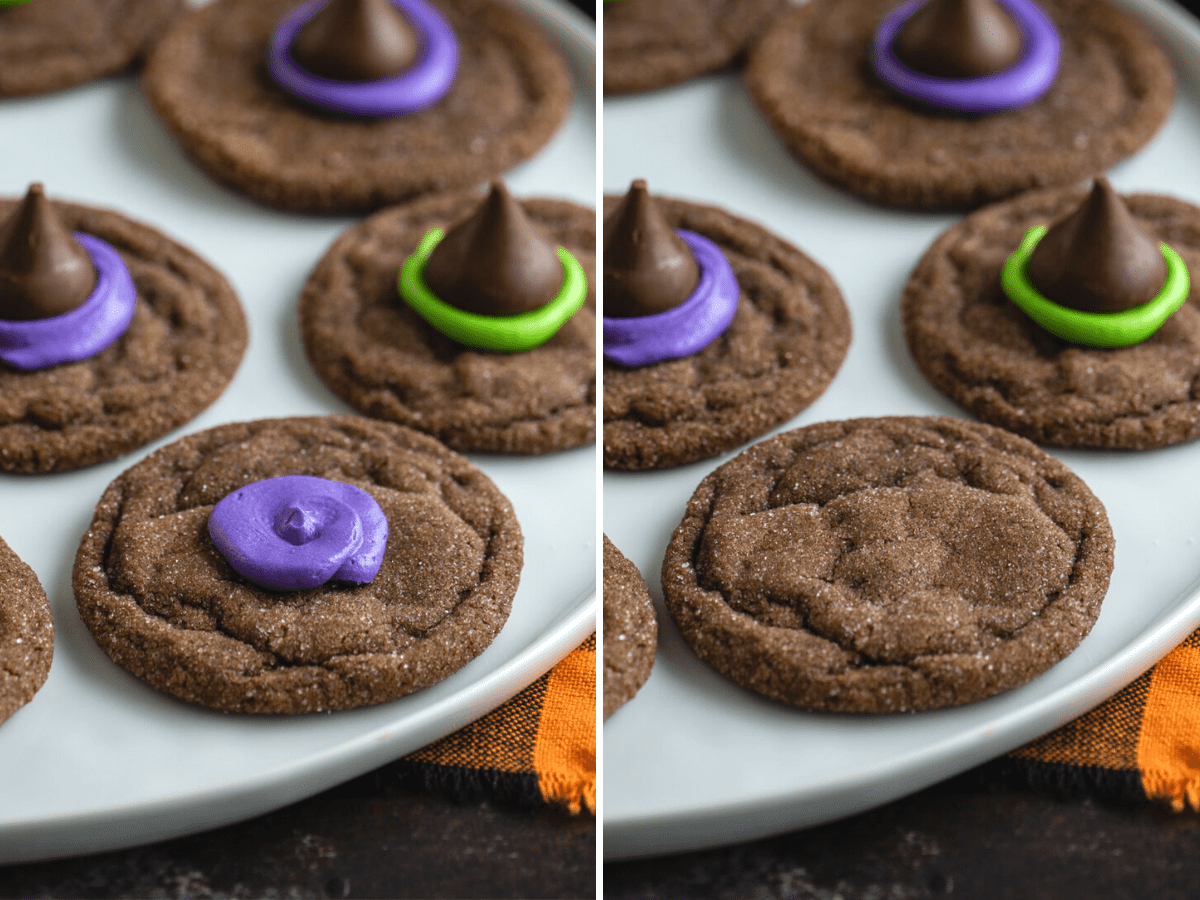 Due foto di biscotti al cioccolato, uno con glassa viola sopra