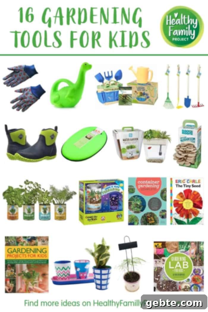 16 Παιδικά εργαλεία κηπουρικής 2 Collage of gardening tools for kids.