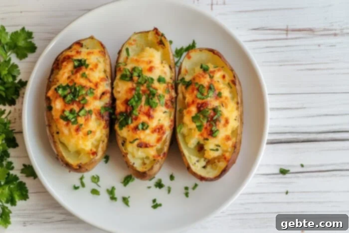 Αναβάθμισε την ψητή σου πατάτα 2 Baked potatoes on a white dish atop a light wooden surface