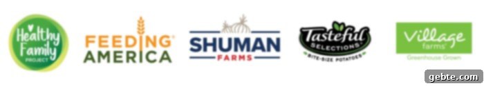 Λογότυπα συνεργατών για Feeding America, Shuman Farms, Tasteful Selections και Village Farms