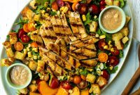 Spicy Honey Chicken Salad with Peaches, Corn & Feta Vinaigrette