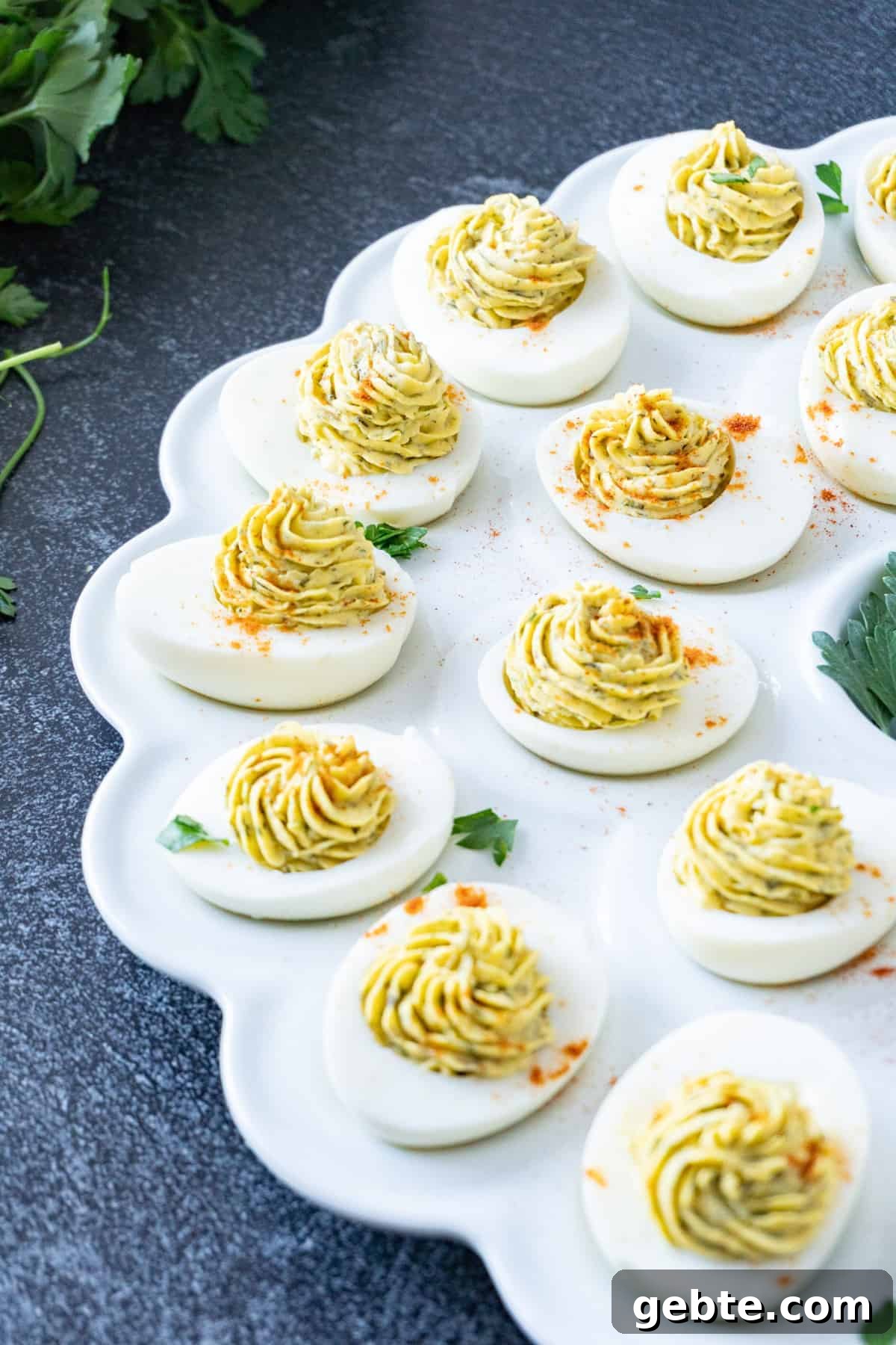 Deviled eggs in dish