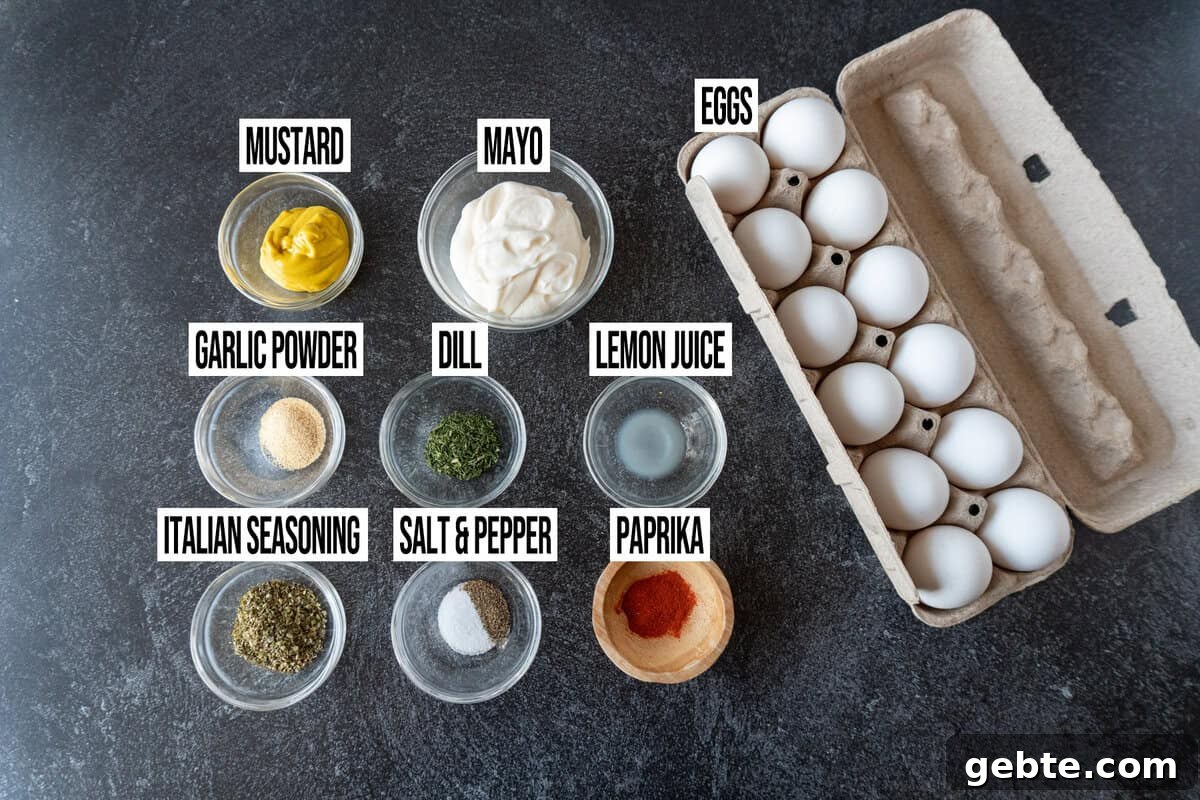 Easy Deviled Eggs Ingredients in individual dishes and labeled.