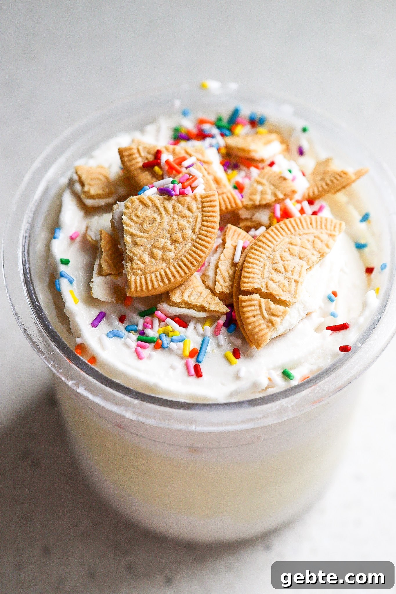Side view of homemade ice cream with golden oreos and sprinkles in ninja creami container.