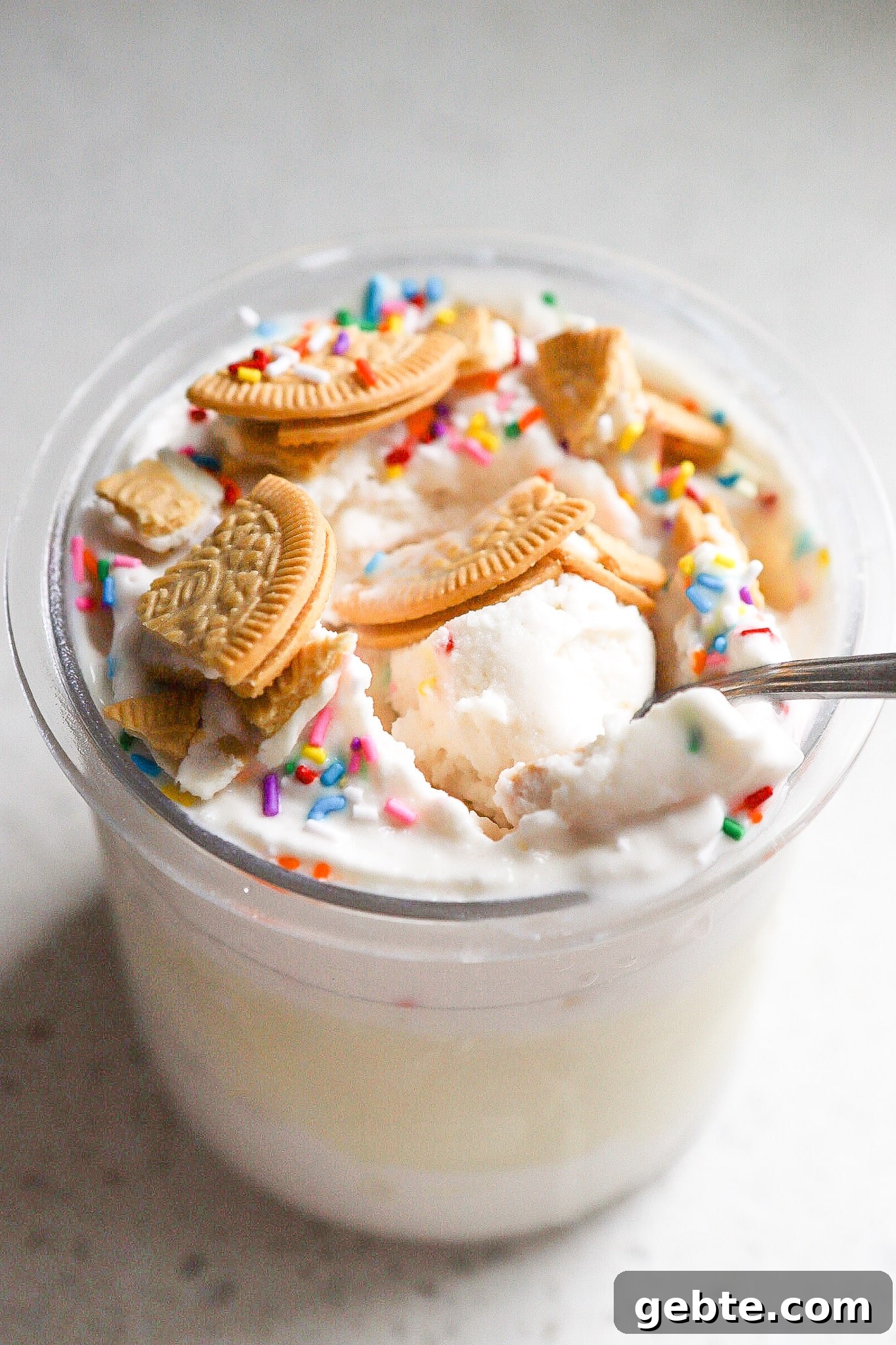 Side angle view of creamy vanilla ice cream with sprinkles in ninja creami container.