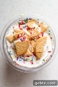 Top down view of ninja creami sugar cookie ice cream with golden Oreos on top.
