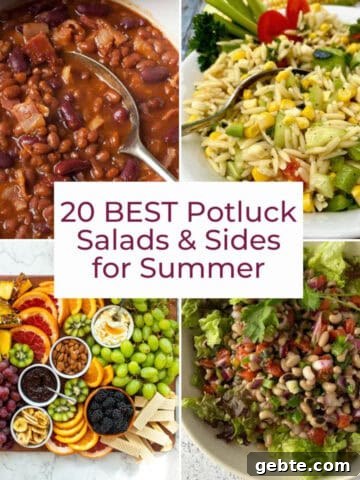 Four photos of summer salads plus text.
