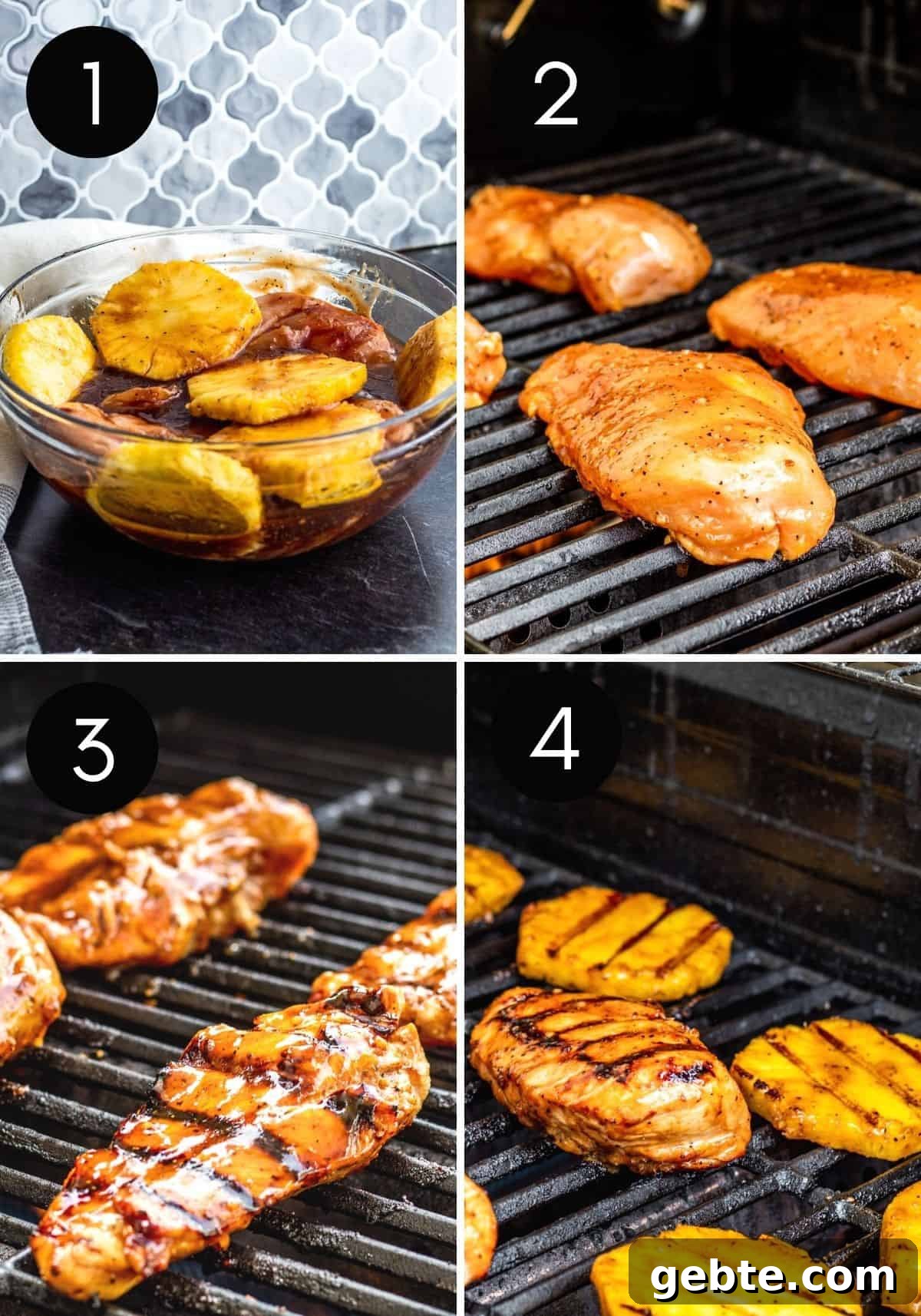 Four image collage showing chicken being prepped and grilled.
