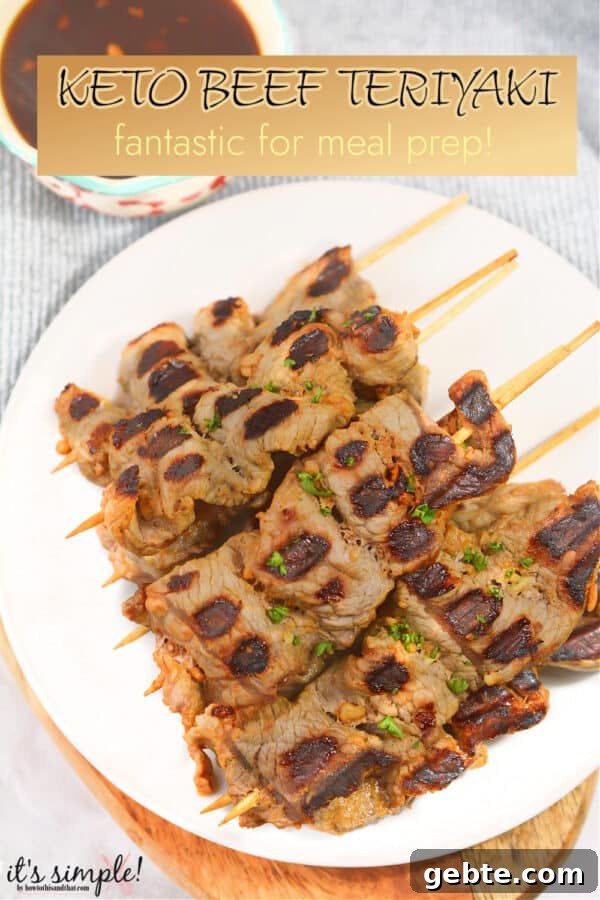 skewers of keto beef teriyaki on a plate with sauce. 