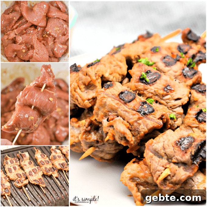 Chinese beef teriyaki on wooden skewers.
