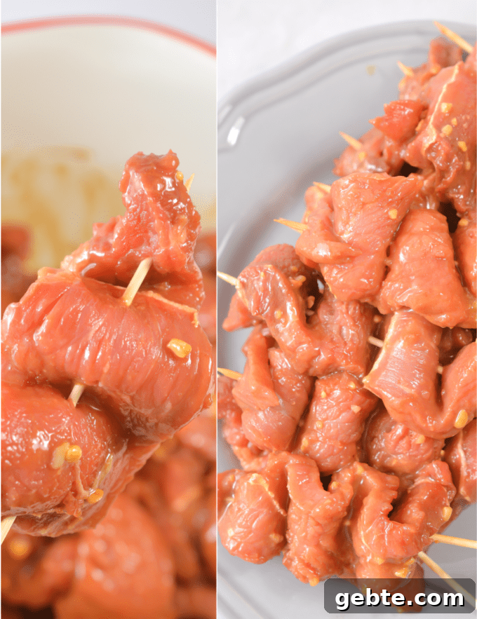raw beef to show how to skewer on sticks.