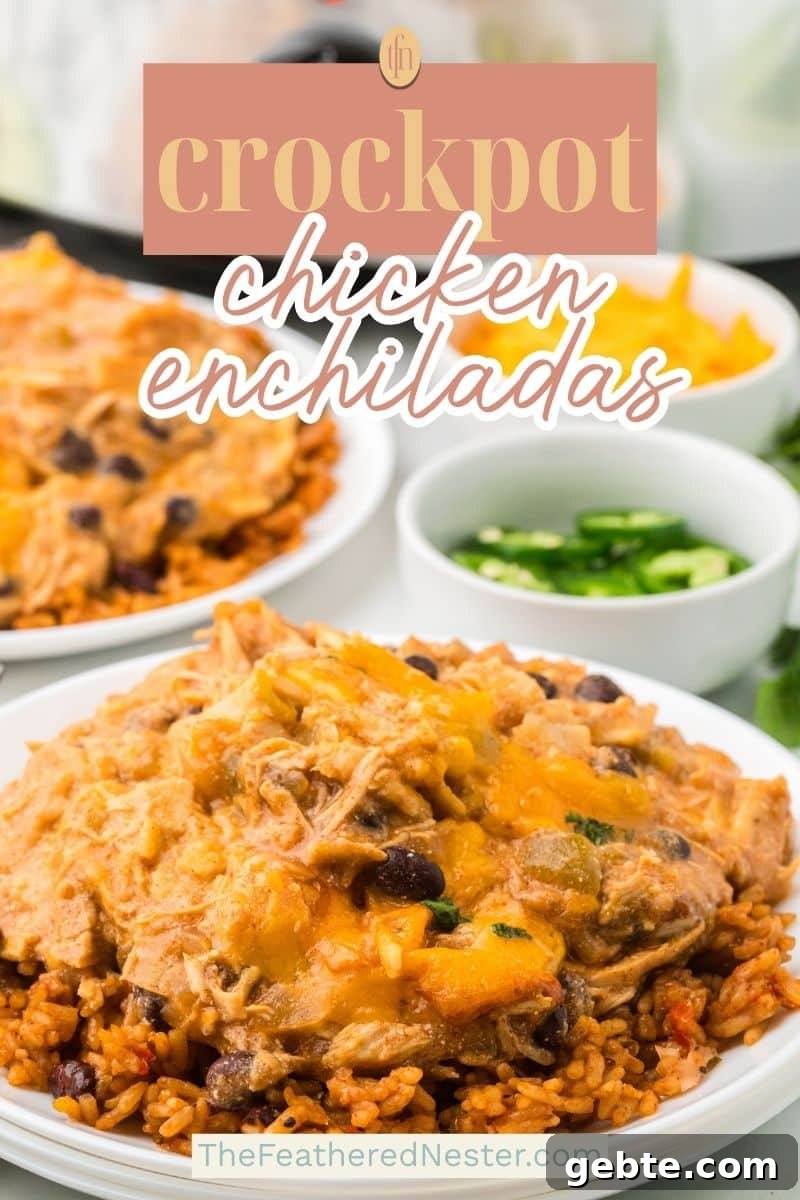 a graphic pin image for crockpot chicken enchiladas.
