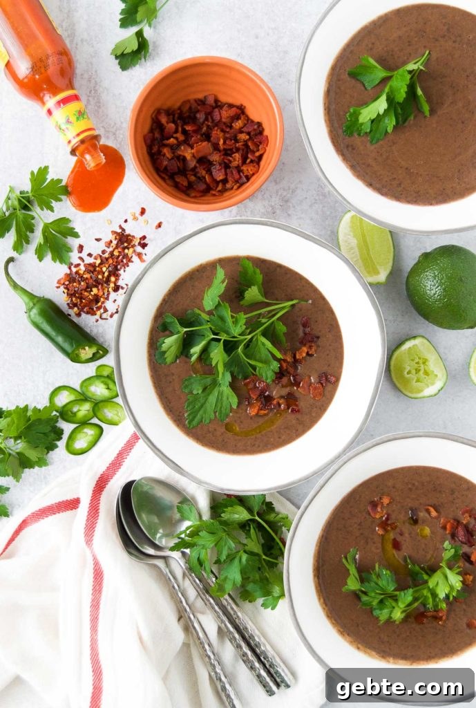 Velvety Black Bean Soup with Cilantro Lime Cream 2 Creamy Black Bean Soup with different toppings.