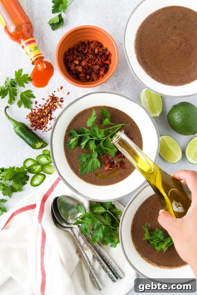 Velvety Black Bean Soup with Cilantro Lime Cream 6 Easy Black Bean Soup Recipe - rizzling olive oil on Creamy Black Bean Soup