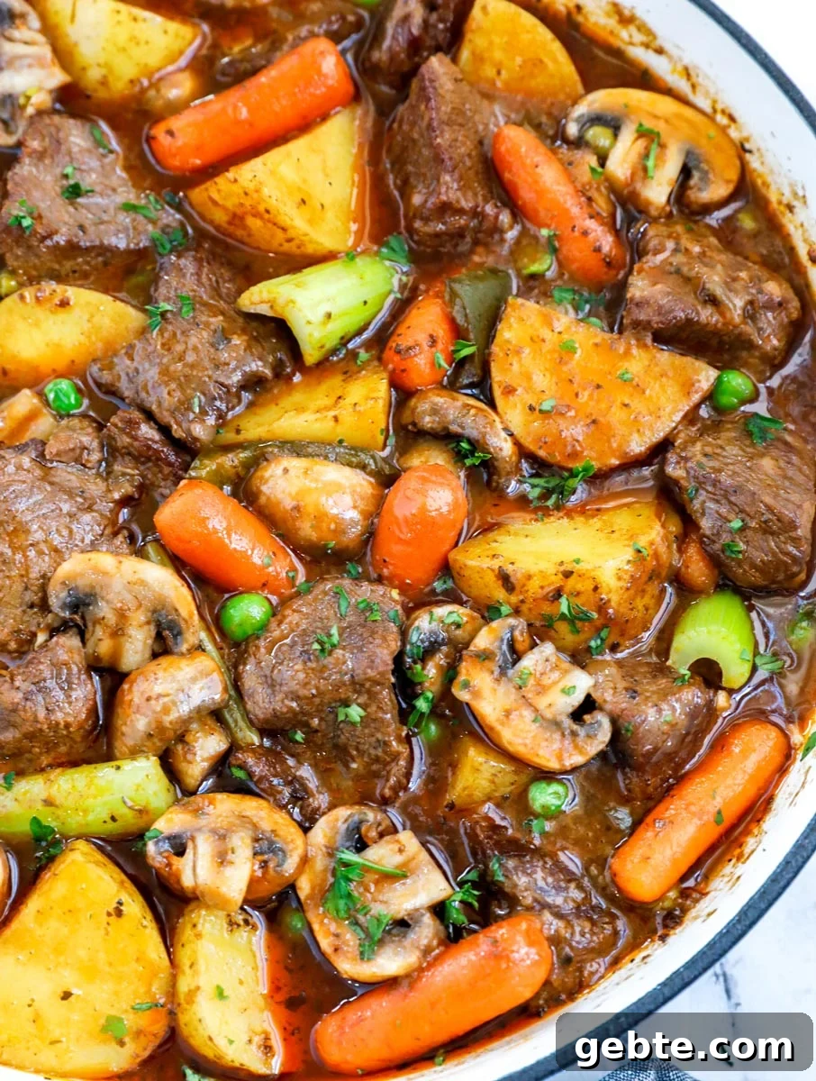 Hearty Oven-Braised Beef Stew Recipe for Comforting Dinners 12 Overhead view of homemade oven beef stew recipe in a cast iron skillet.