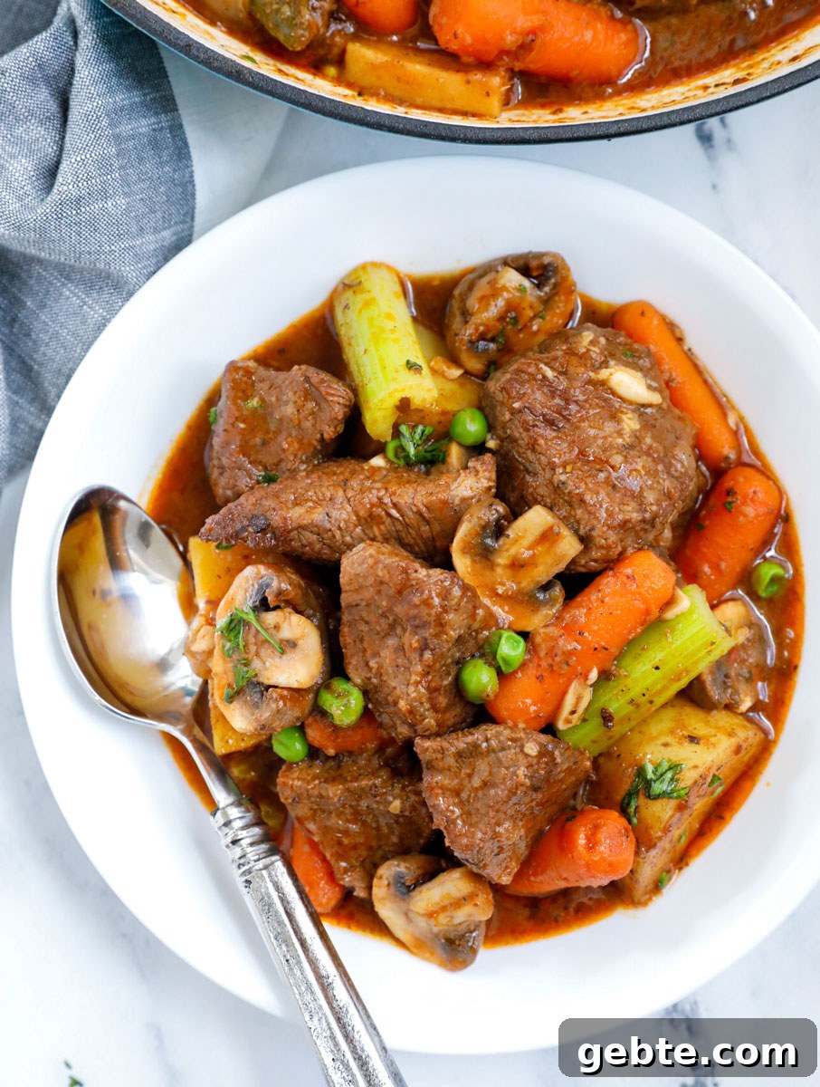 Hearty Oven-Braised Beef Stew Recipe for Comforting Dinners 13 Overhead view of homemade oven beef stew recipe in a plate.