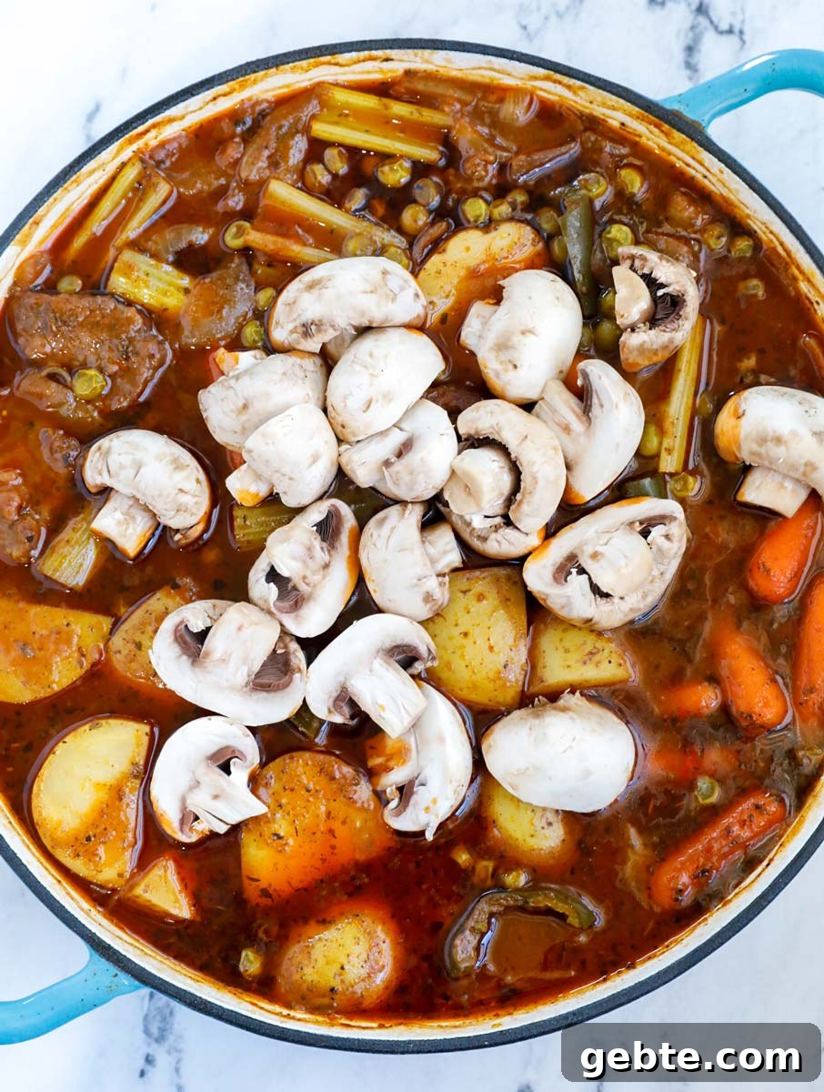 Hearty Oven-Braised Beef Stew Recipe for Comforting Dinners 10 Vegetables and beef in a pot.