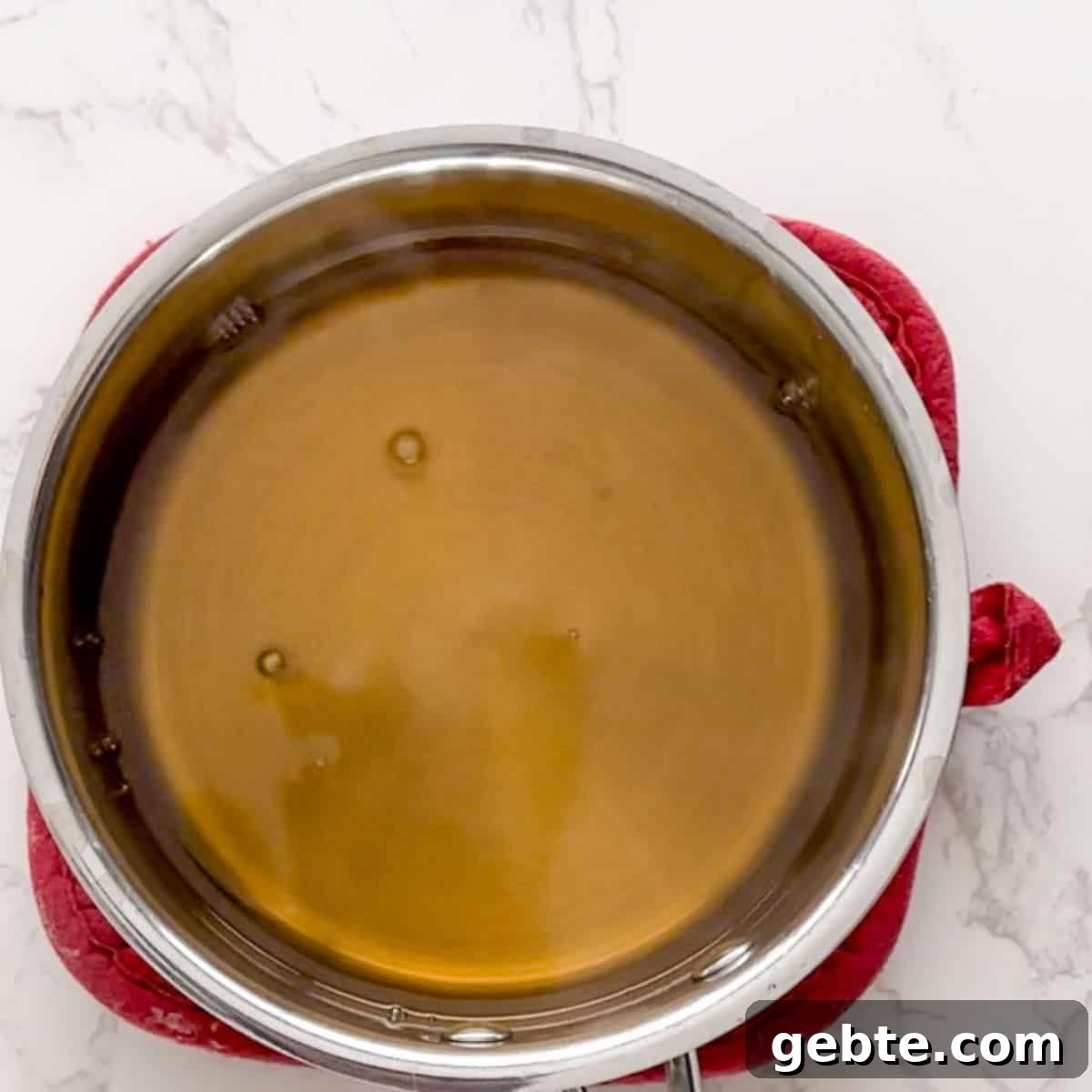 Vanilla simple syrup in a saucepan.