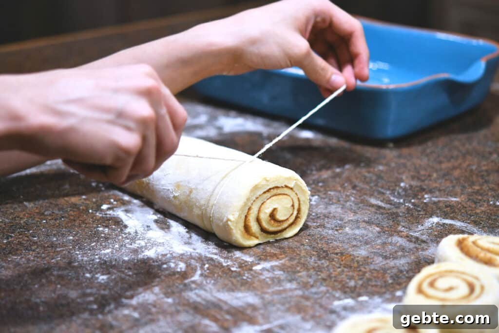 cutting cinnamon rolls with twine