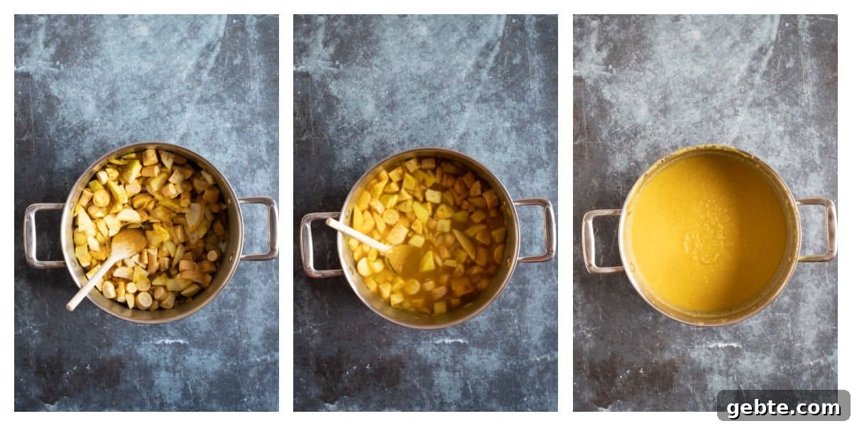 Curried Parsnip and Apple Soup Recipe for Cozy Fall Meals 4 Step by step photo instructions for making curried parsnip soup.