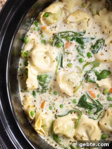 Creamy tortellini soup in the slow cooker.