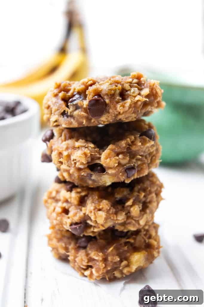 4-Ingredient Peanut Butter Banana Oatmeal Cookies - healthy enough to enjoy for breakfast! A stack of Peanut Butter Banana Oatmeal Cookies