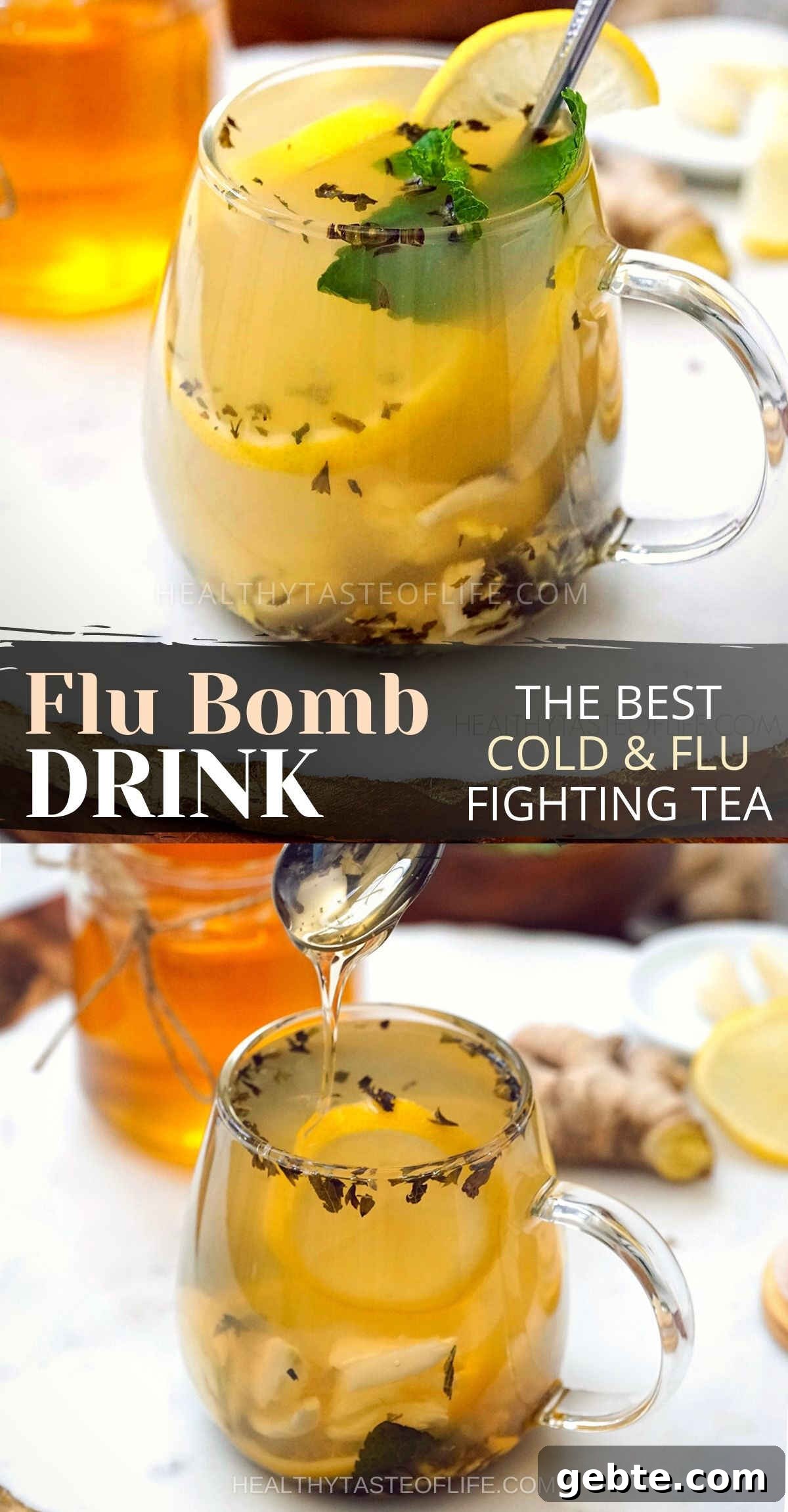 Cold & Flu Relief Drink Recipe — Soothing Winter Immune Boost 8 Flu bomb - a lemon honey ginger garlic immune booster drink that makes a healthful cold & flu natural remedy that helps boost the immune system during the flu season. Sip this flu bomb tea to prevent catching the flu or as a complementary aid for a sore throat. The best tea you can make for cold and flu for you and your kids!