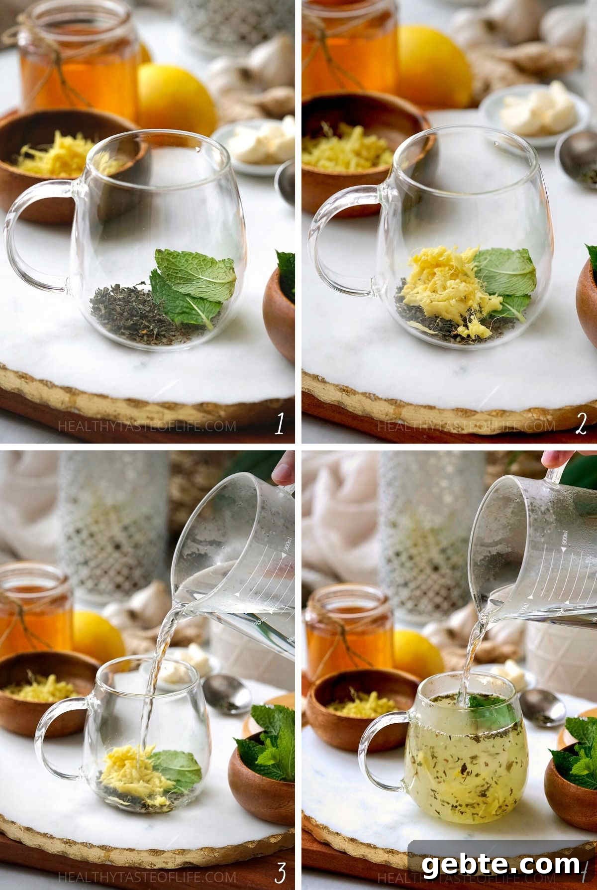 Cold & Flu Relief Drink Recipe — Soothing Winter Immune Boost 5 Step by step photos on how to make the flu bomb drink - the immune booster drink or tea for cold and flu by steeping herbs lemon ginger garlic honey.