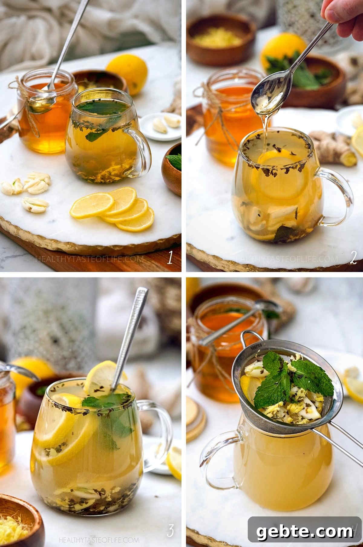 Cold & Flu Relief Drink Recipe — Soothing Winter Immune Boost 6 Step by step photos on how to make the flu bomb tea. An immune booster drink for cold and flu with lemon honey ginger garlic and herbs.