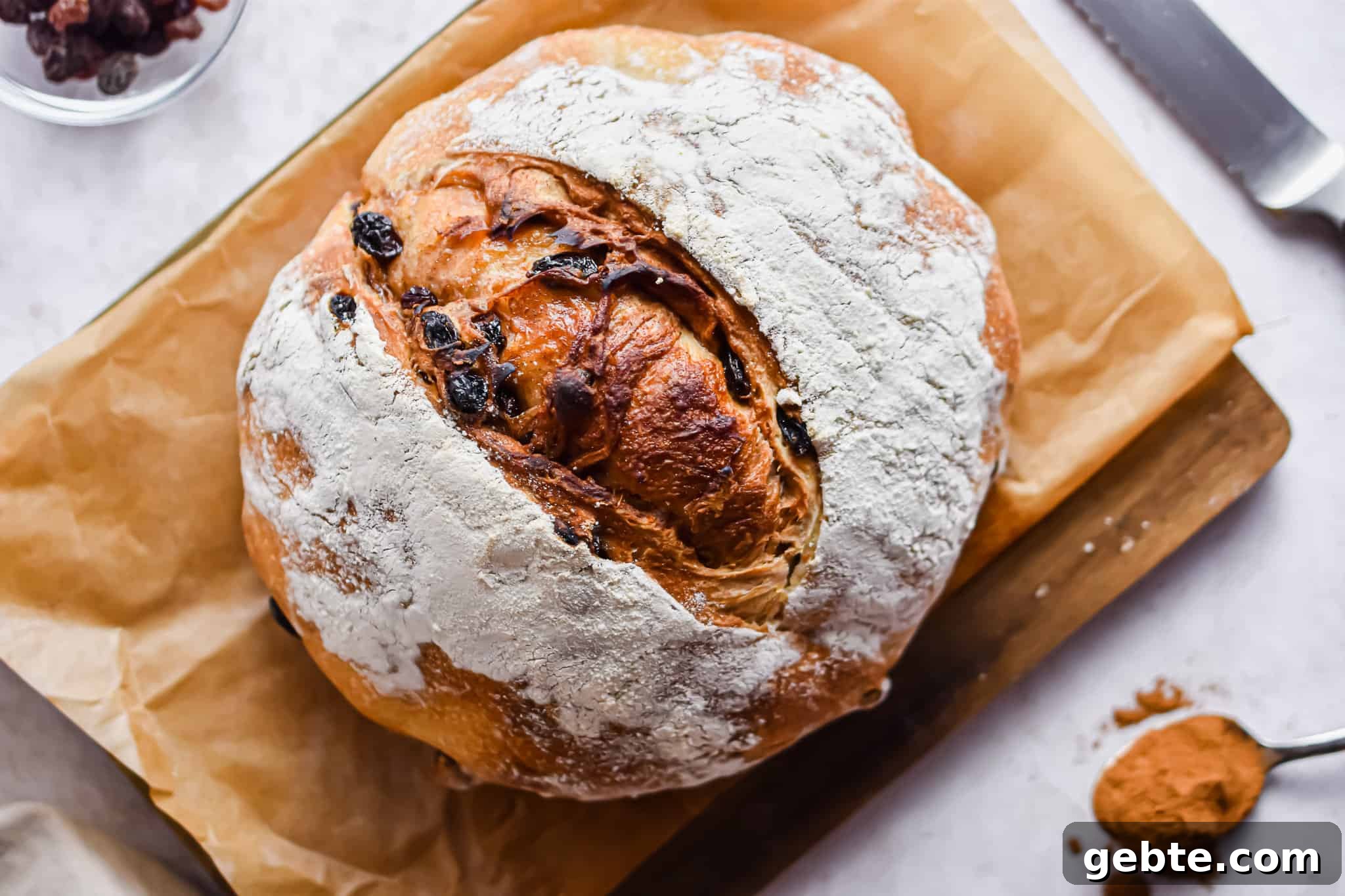 An overhead shot of the baked sourdough cinnamon raisin bread