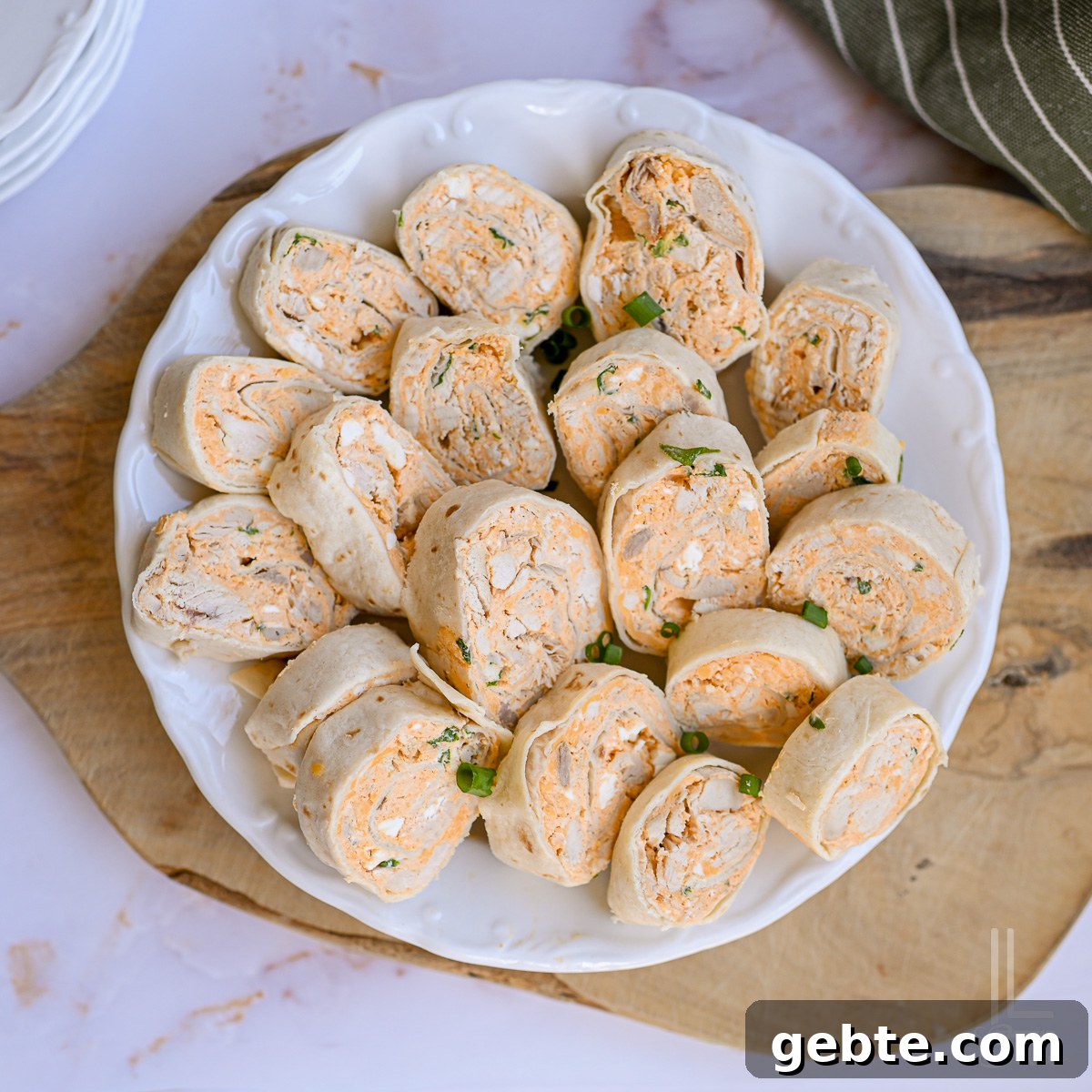 plate of buffalo chicken pinwheels.
