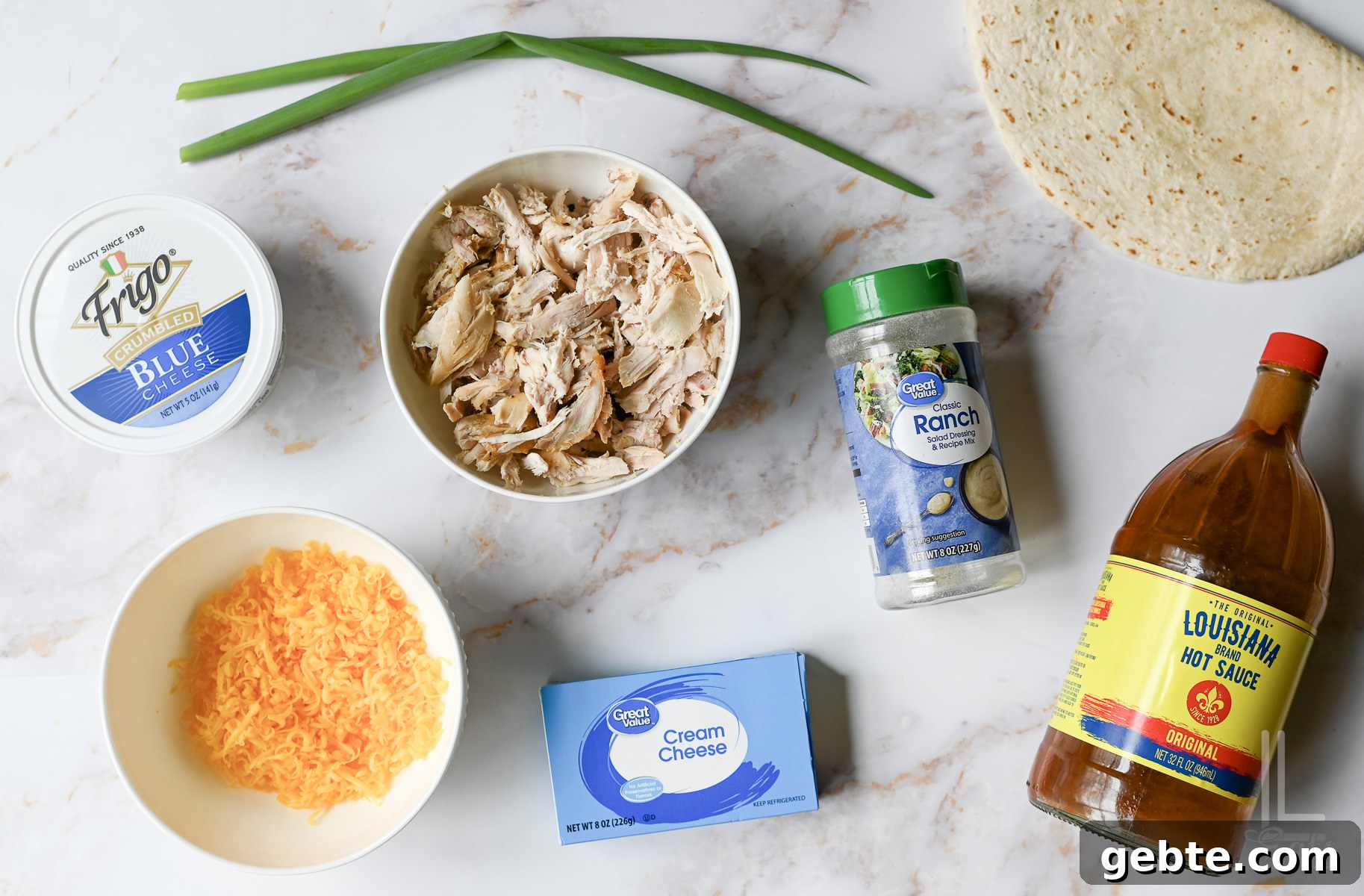 ingredients for cold buffalo chicken pinwheels.