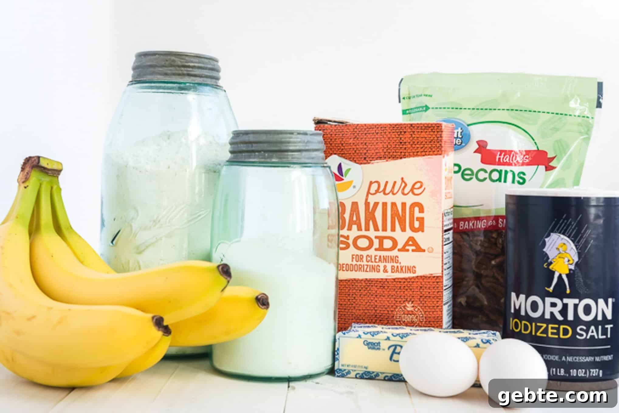 Ingredients needed for banana nut bread.