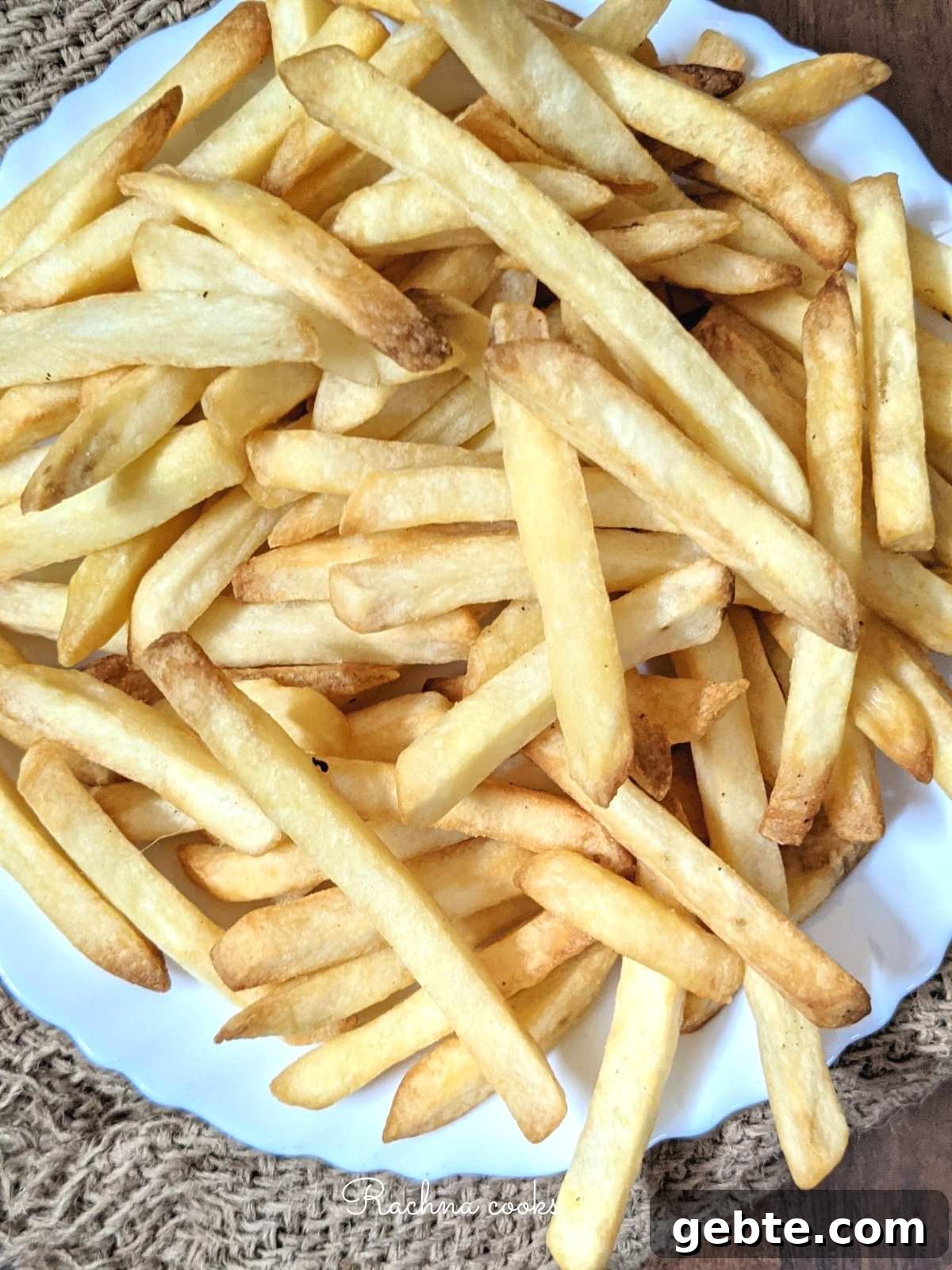 Close up of crispy french fries done in air fryer from frozen.